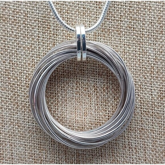 Silver Tone Charter Club Circular Statement Pendant Necklace Long Snake Chain 30 - Picture 3 of 10